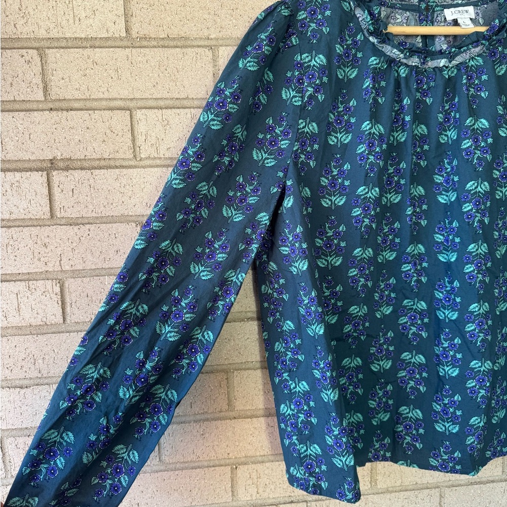 J. Crew Ruffleneck Teal Purple Floral Long Sleeve Poplin Blouse Large - Picture 3 of 9
